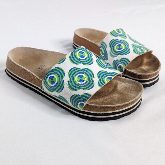 Birkenstock Betula White Green Blue All Over Pattern Slip On Cork Sandals - Picture 1 of 7